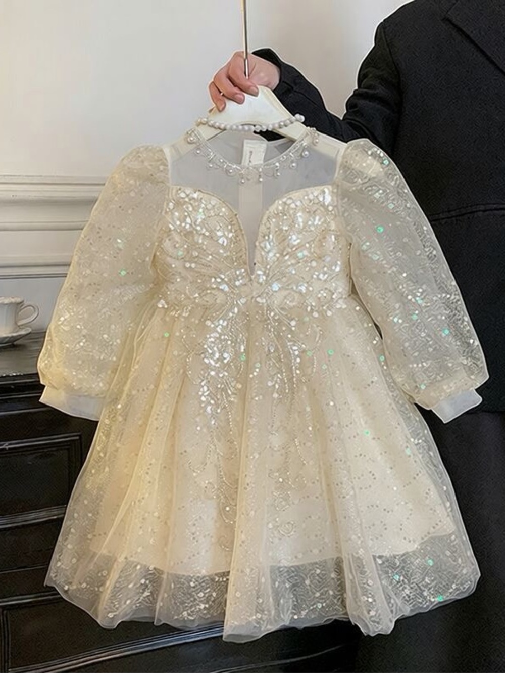 Ivory Sequin Tulle Party Dress for Girls 8-9T